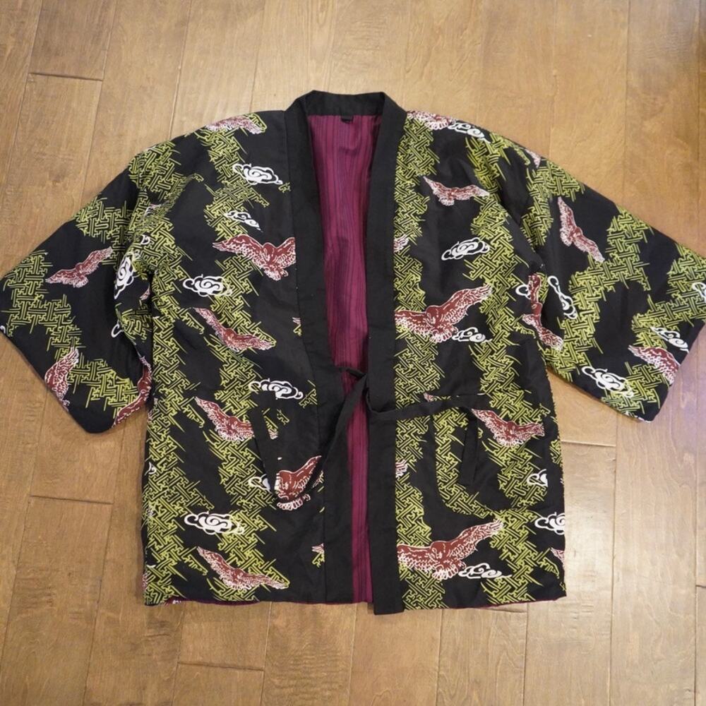 Japanese Hanten padded kimono jacket Wide Sleeves Front Tie Reversible Size M